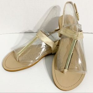 BCBGeneration Thong Gold Toned Bar T-Strap Adjustable Slingback Leather Sandals